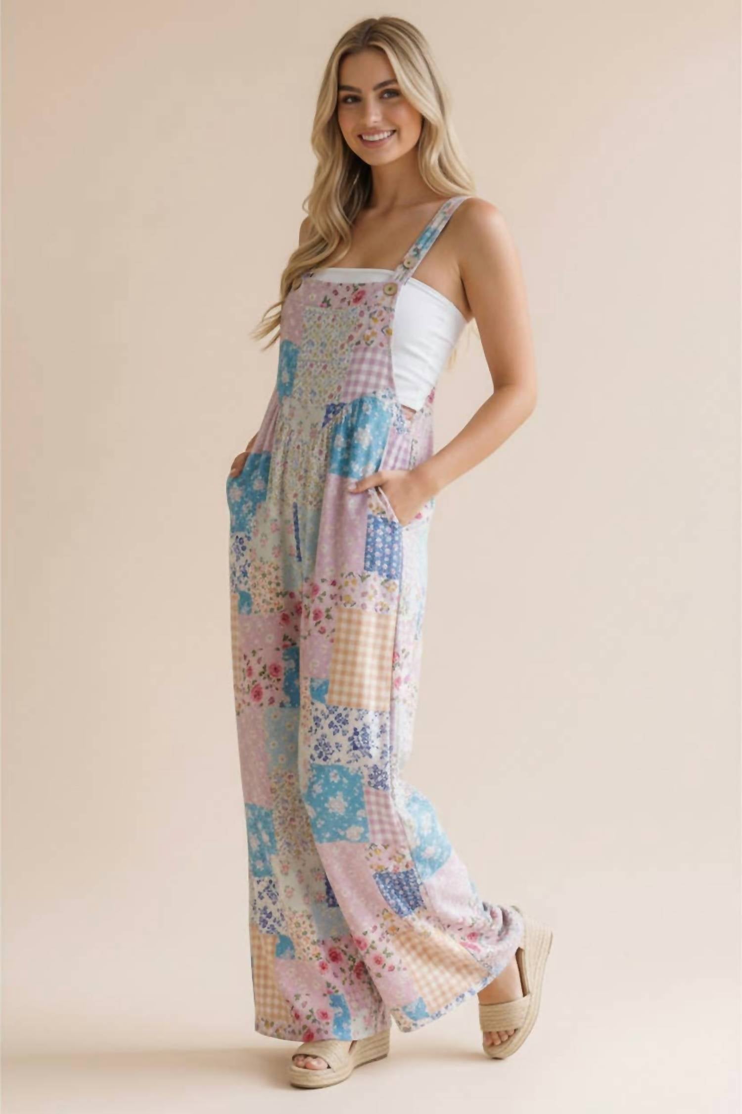 Haptics - Floral Patchwork Wide Leg Bib Jumpsuit