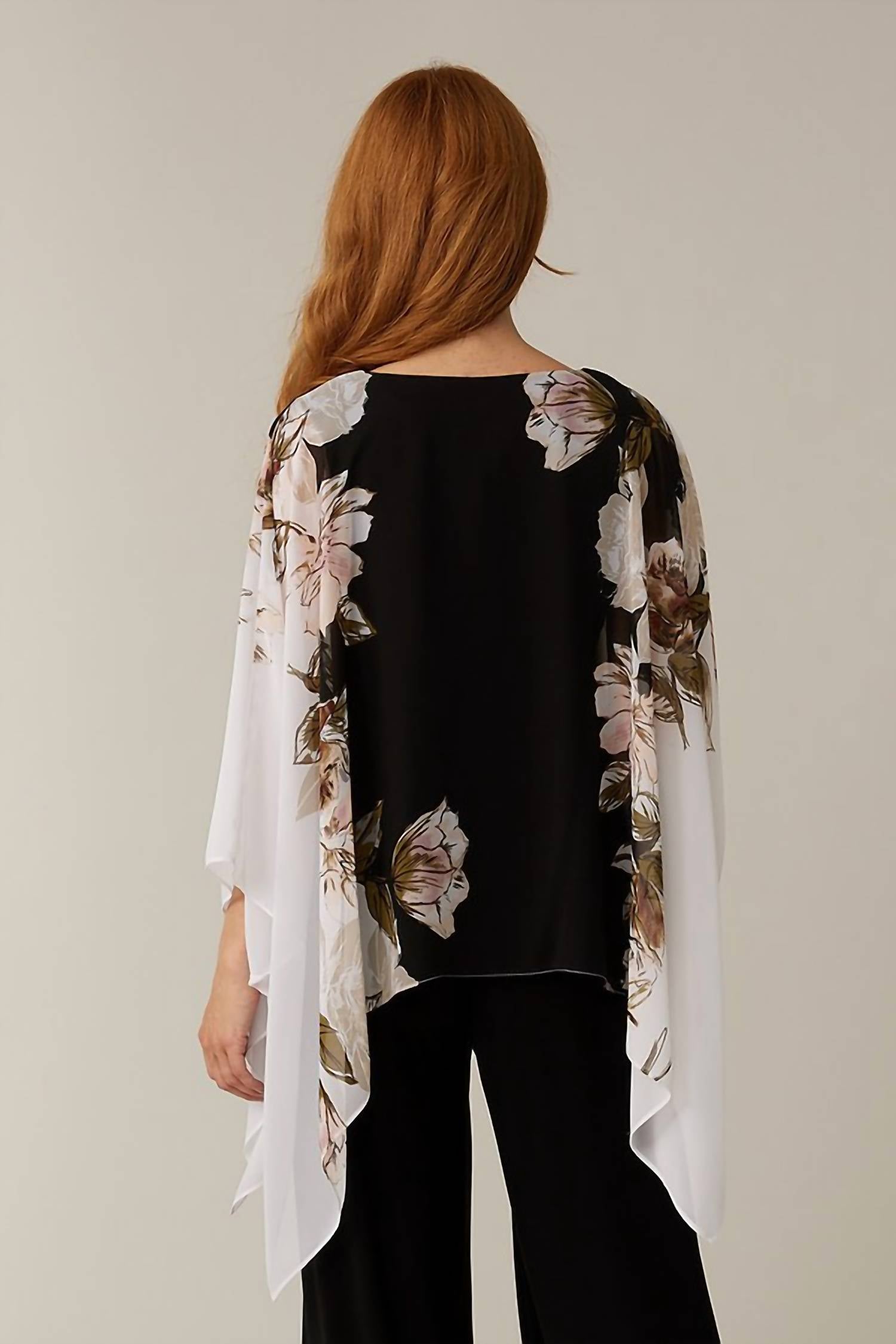 Joseph Ribkoff Cape Sleeve Top in black white and floral - women's blouse - detail view