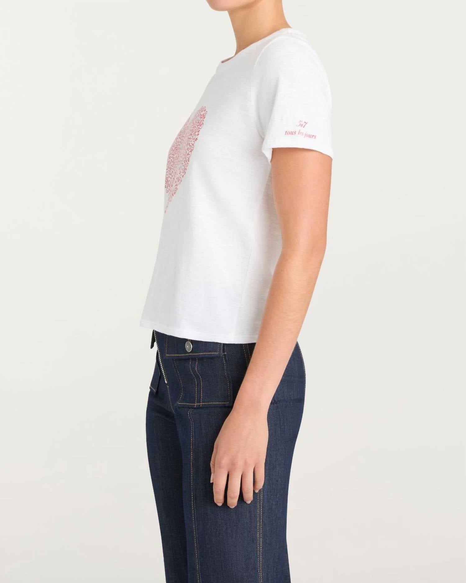 cinq a sept Rhinestone Doodle Heart Shrunken Tee in white bisou - women's t-shirt - detail view