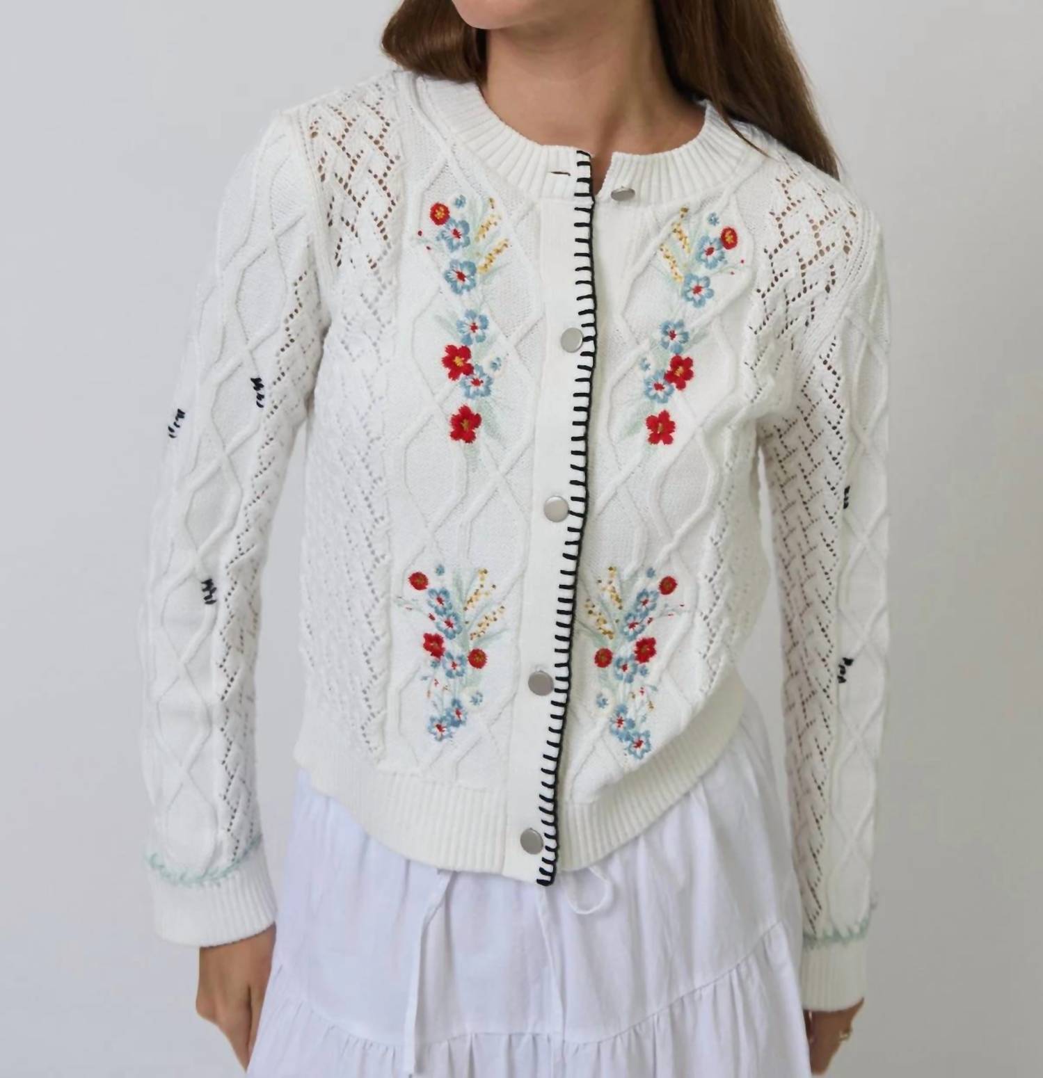 Central Park West Jaden Embroidered Sweater in white - women's cardigan