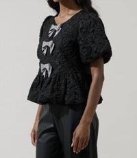SUGARLIPS Arielle Jacquard Glow Bow Top in black - women's t-shirt - detail view