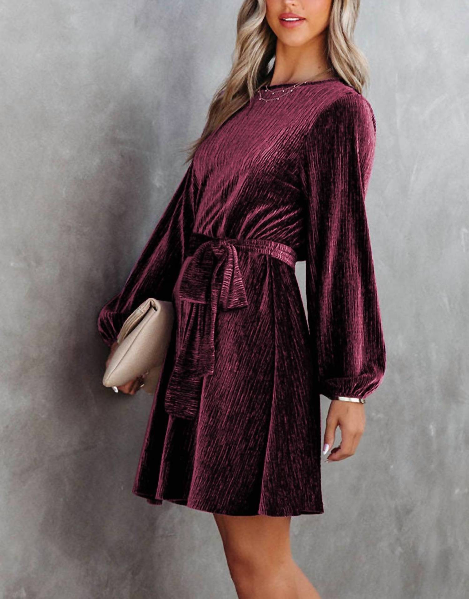 Full Time Purchase Tie Waist Crinkle Velvet Dress in red - women's dress - detail view