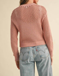 Nyland Shelly Crochet Knitted Cardigan Top in dusty rose - women's cardigan - detail view