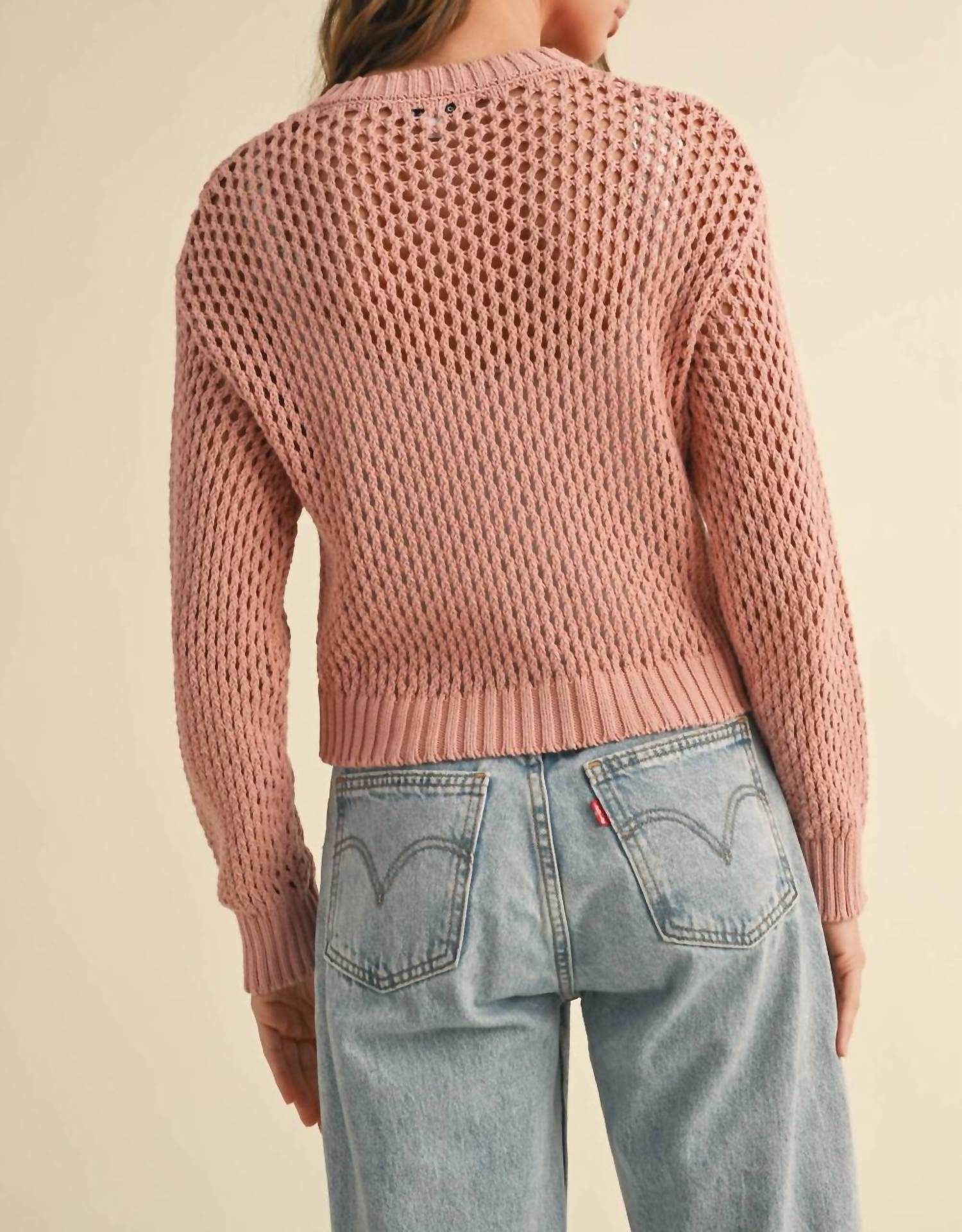 Nyland Shelly Crochet Knitted Cardigan Top in dusty rose - women's cardigan - detail view