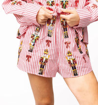 QUEEN OF SPARKLES Scattered Nutcracker And Bow Cotton Shorts in red stripe - women's shorts