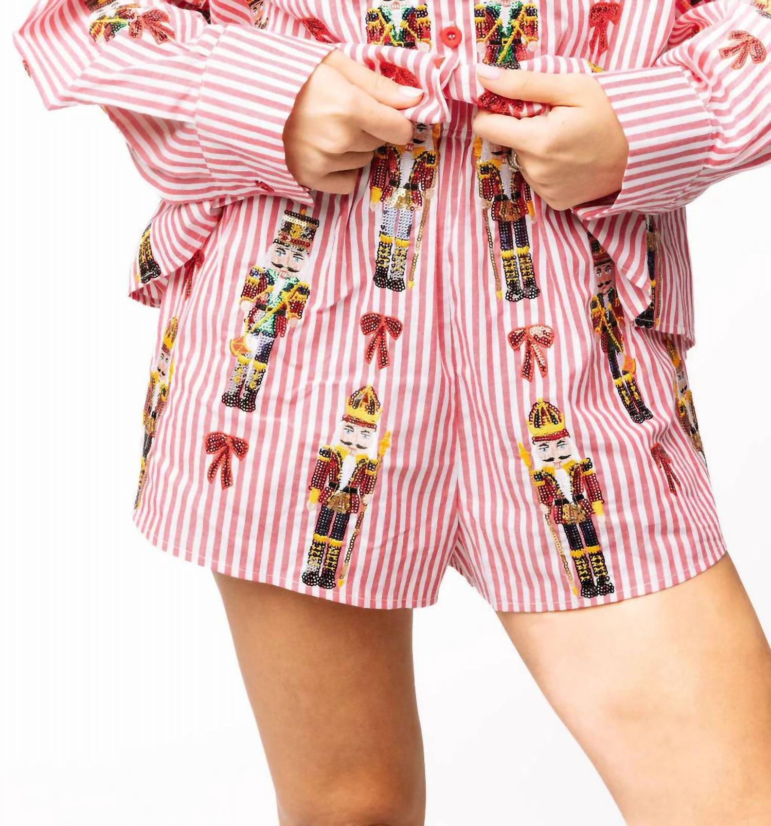 QUEEN OF SPARKLES Scattered Nutcracker And Bow Cotton Shorts in red stripe - women's shorts