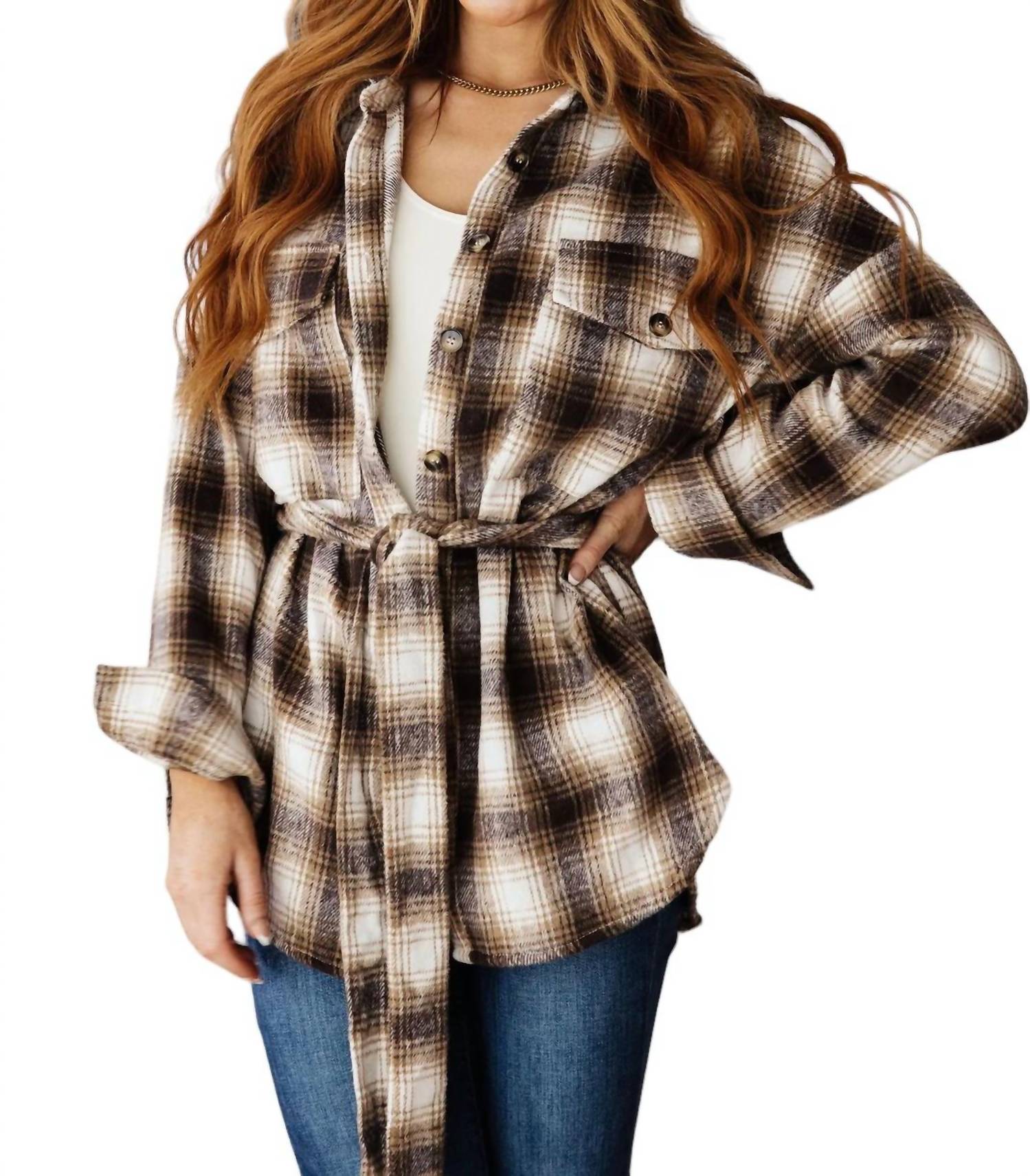 Hailey & Co - Outside Stroll Plaid Waist Tie Shacket