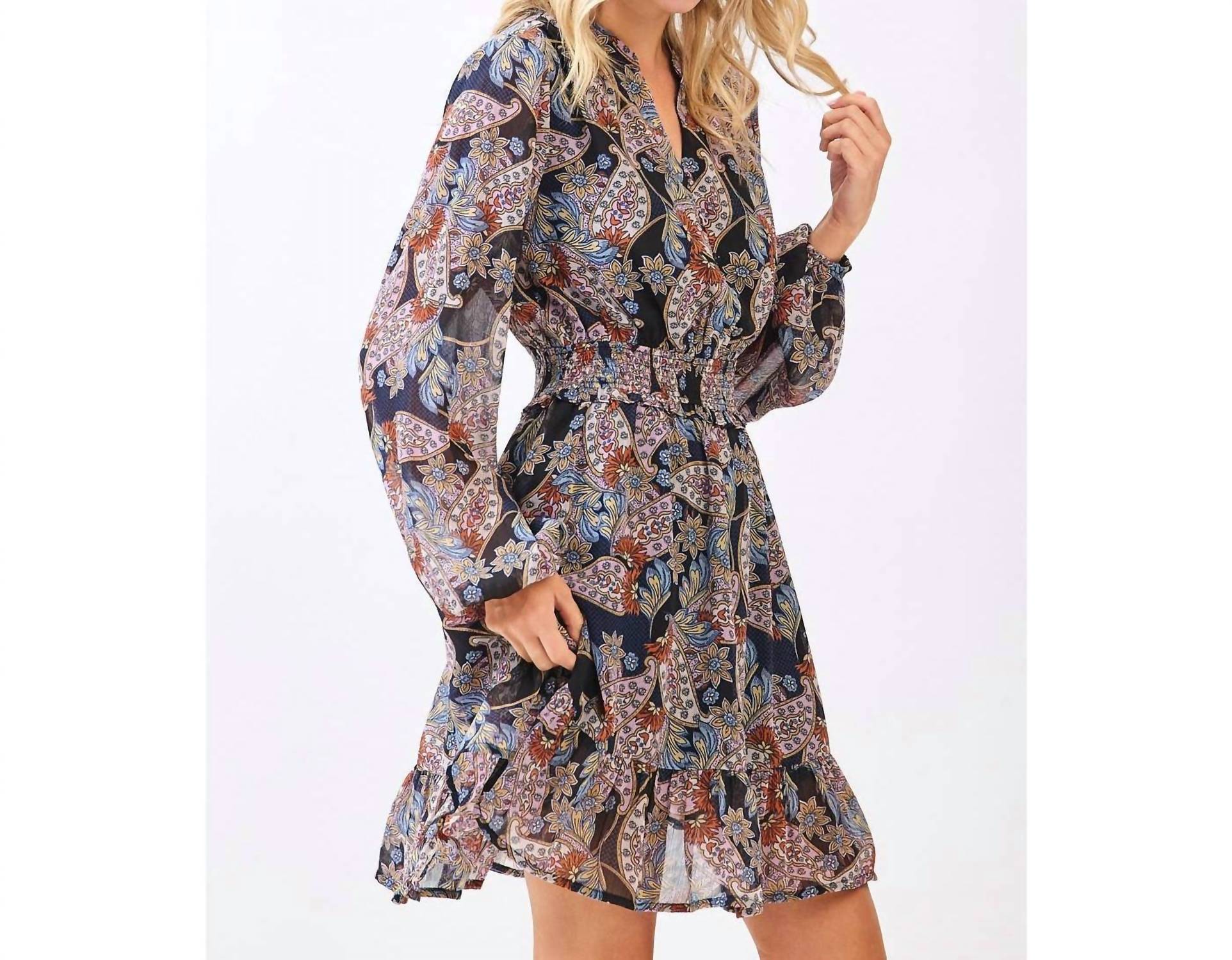 Mittoshop - BOHO PAISLEY PRINT SMOCKED WAIST RUFFLE MINI DRESS
