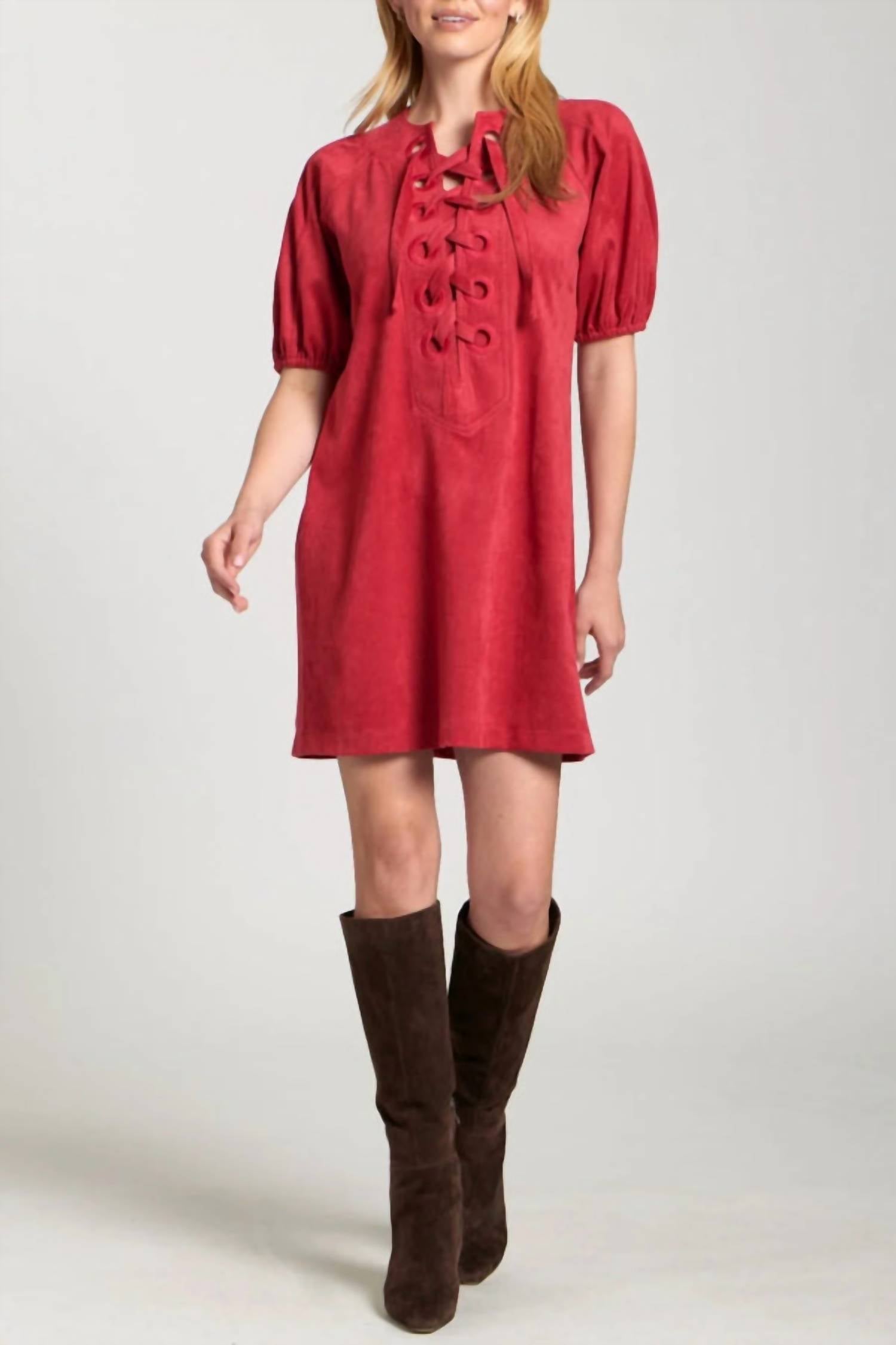 Apny - Vegan Suede Lace-up Puff Sleeved Dress