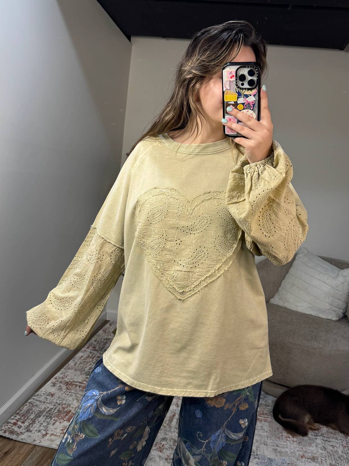 Easel - Lacie Eyelet Sleeve Heart Patch Top