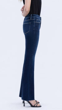 VERVET BY FLYING MONKEY High Rise Seamless Waistband Raw Hem Bootcut Jeans in dark wash - women's jeans - detail view