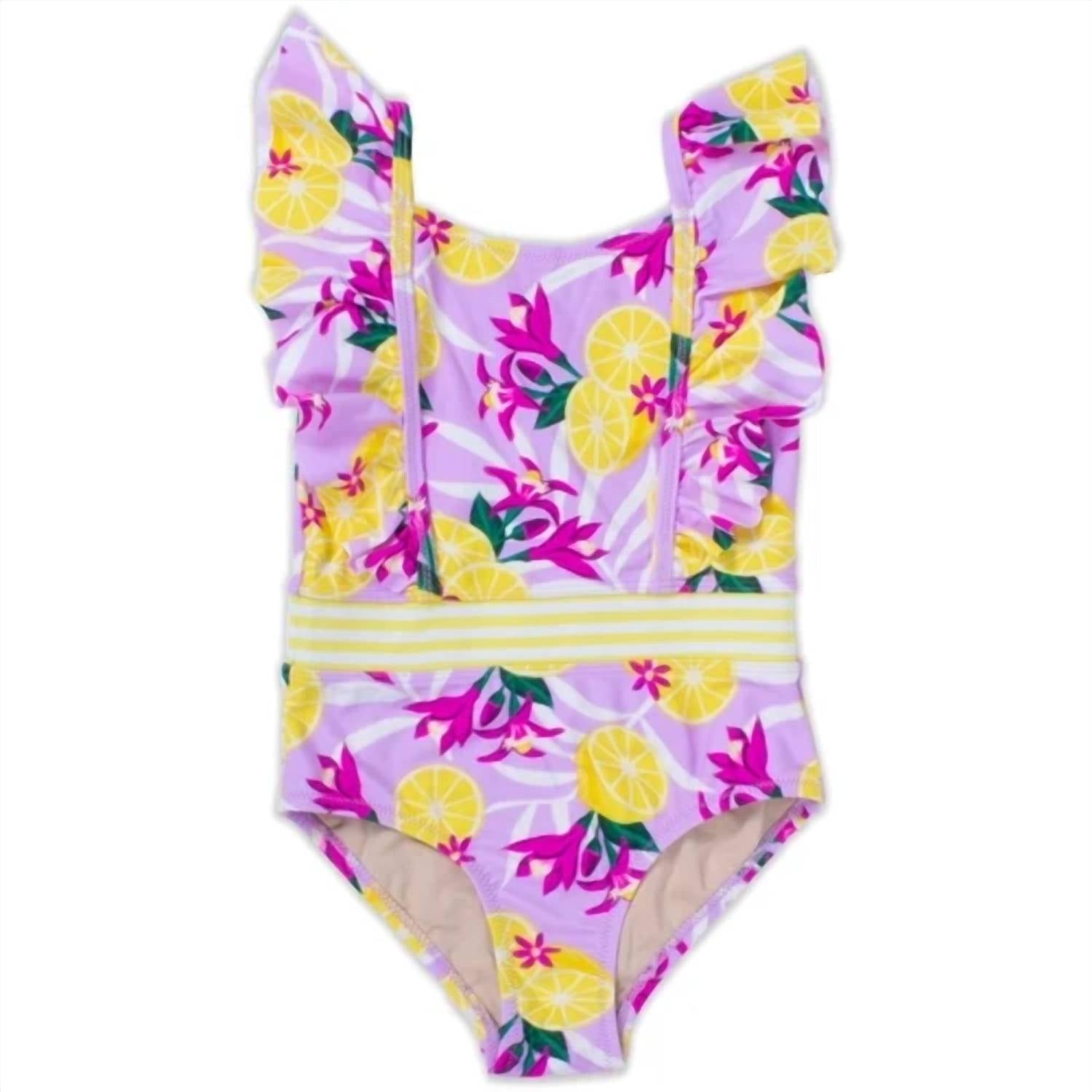 Shade Critters - Girl's Tropical Lemons One Piece Ruffle Sleeve Swimsuit