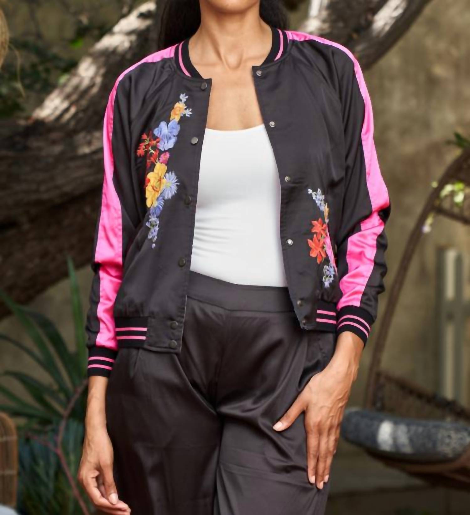 Paparazzi - Floral Embroidered Reversible Satin Baseball Jacket