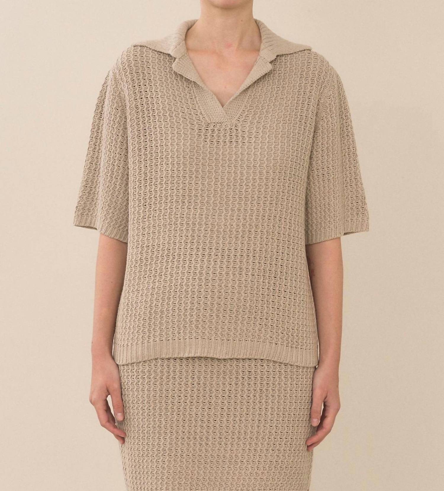 LAUREN MANOOGIAN Rack Knit Polo Shirt in sisal - women's top