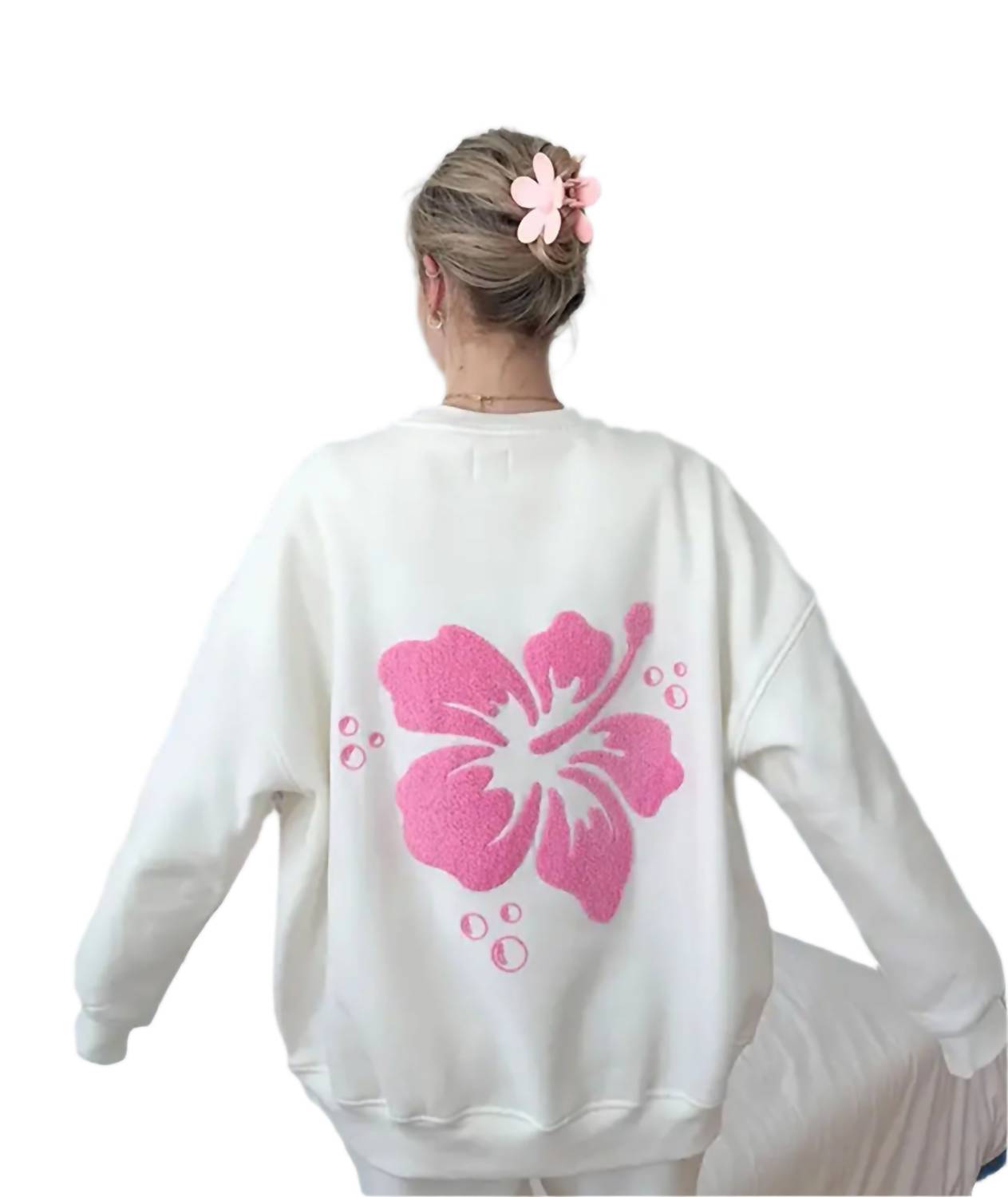 Sunkissed Coconut Hibiscus Flower Sweatshirt in ivory - women's top - detail view