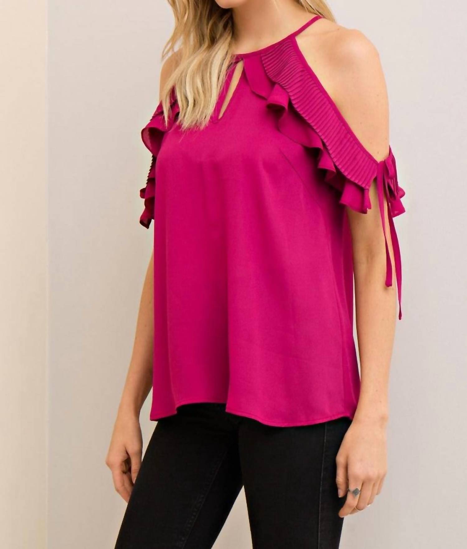 Entro - Cute Open Shoulder Ruffle Top