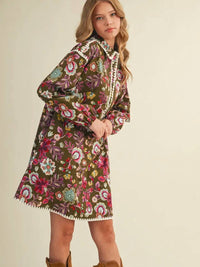 &Merci - Exclusive Print Blanket Stitch Buttoned Mini Dress