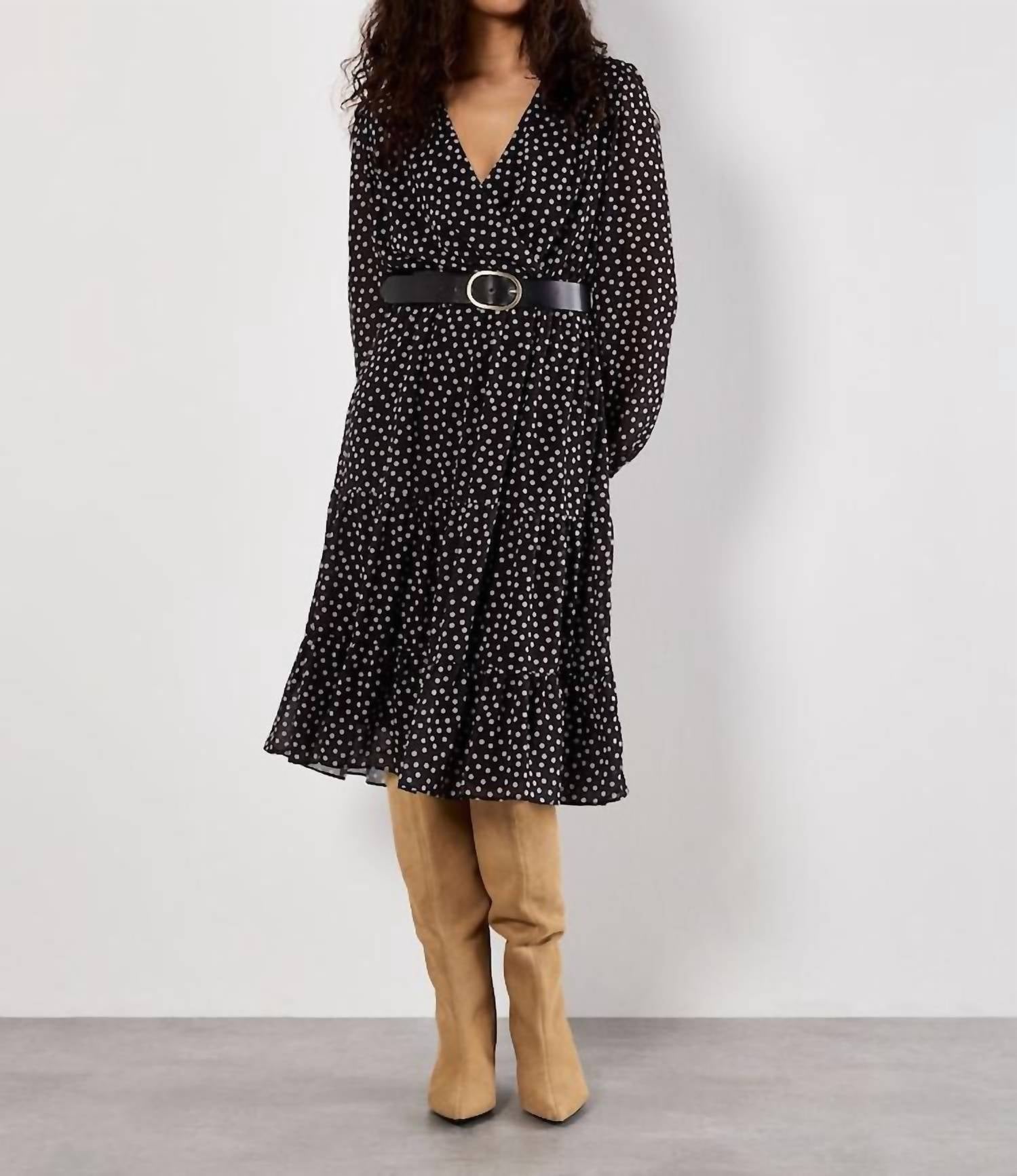 Apricot - Polka Dot Chiffon Wrap Long Sleeve Dress