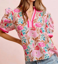 Bibi - Chelsea Floral Puff Sleeve Contrast Trim Blouse