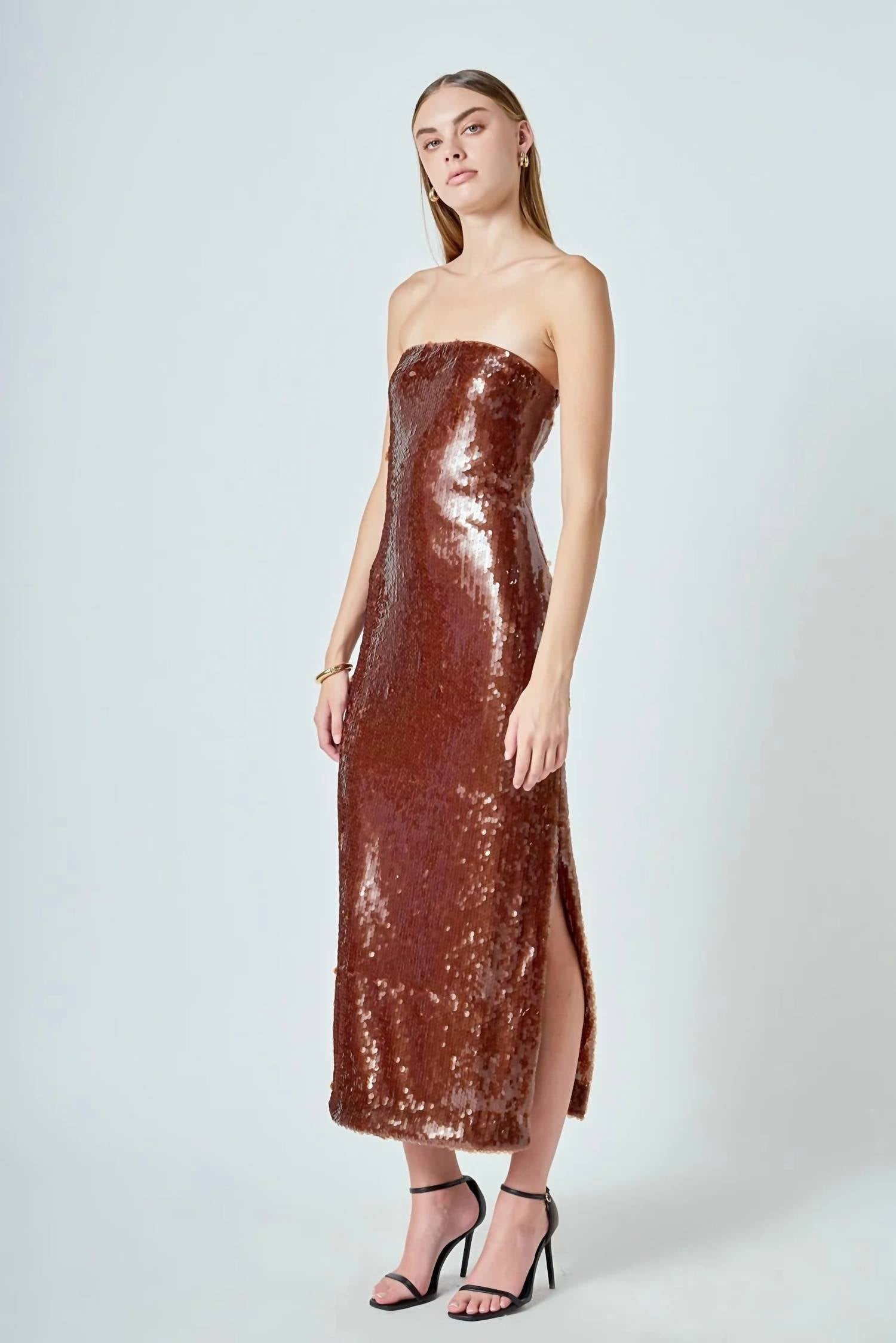 endless rose Sequin Maxi Dress in brown - women's dress - alternate view