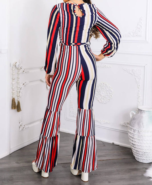 Surelymine - Striped Flare-Leg Jumpsuit with Tie Waist & Long Sleeves
