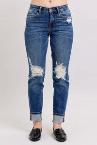 Judy Blue Distressed Knit Boyfriend Cuffed Jean in dark wash - women's jeans