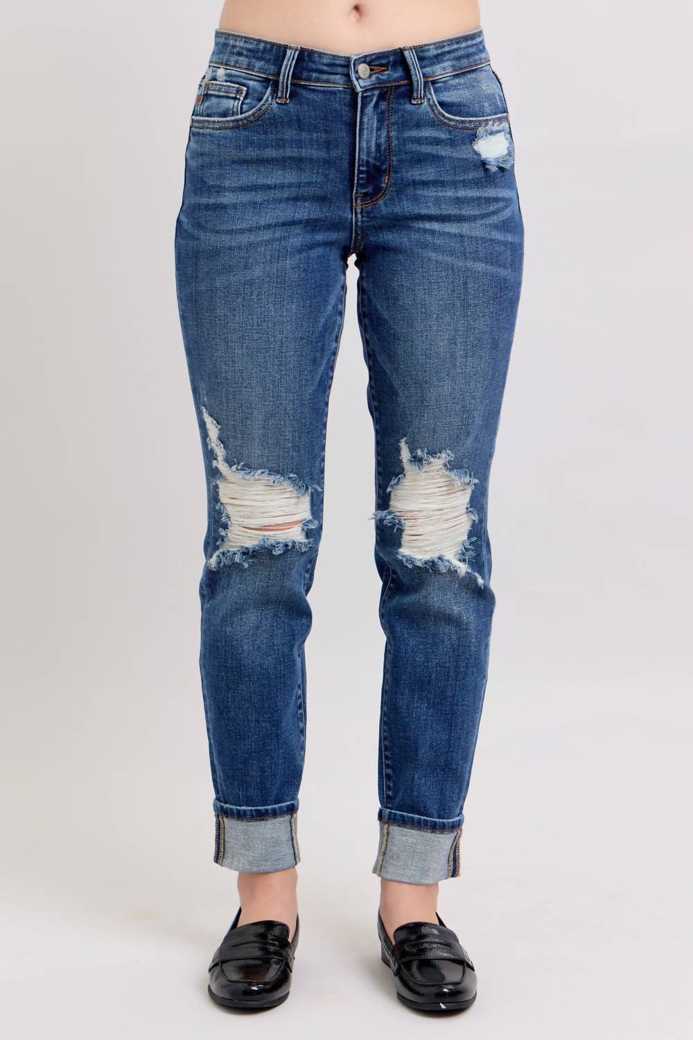 Judy Blue Distressed Knit Boyfriend Cuffed Jean in dark wash - women's jeans
