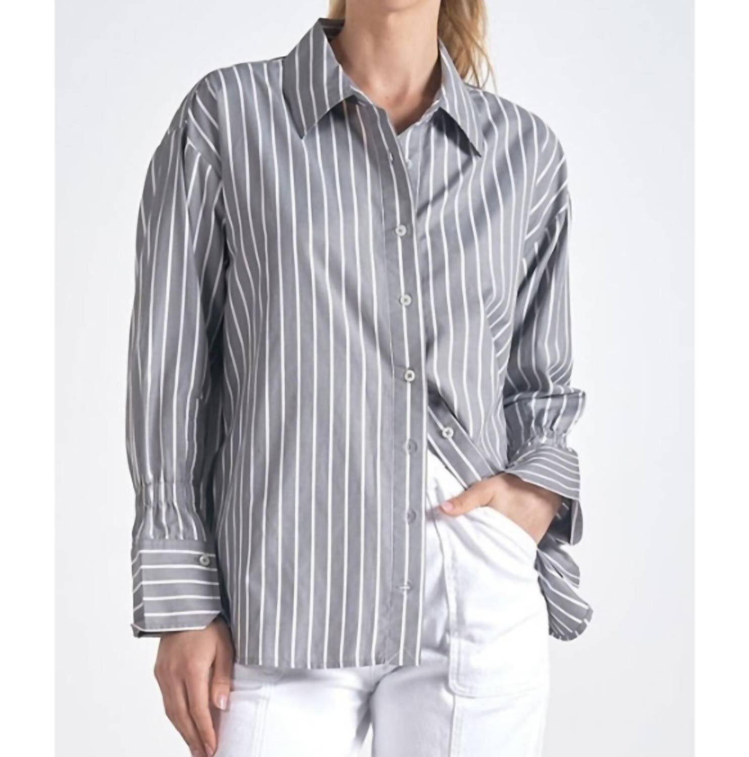 ELAN Long Sleeve Smock Shirt in grey white stripe - women's shirt - view 4