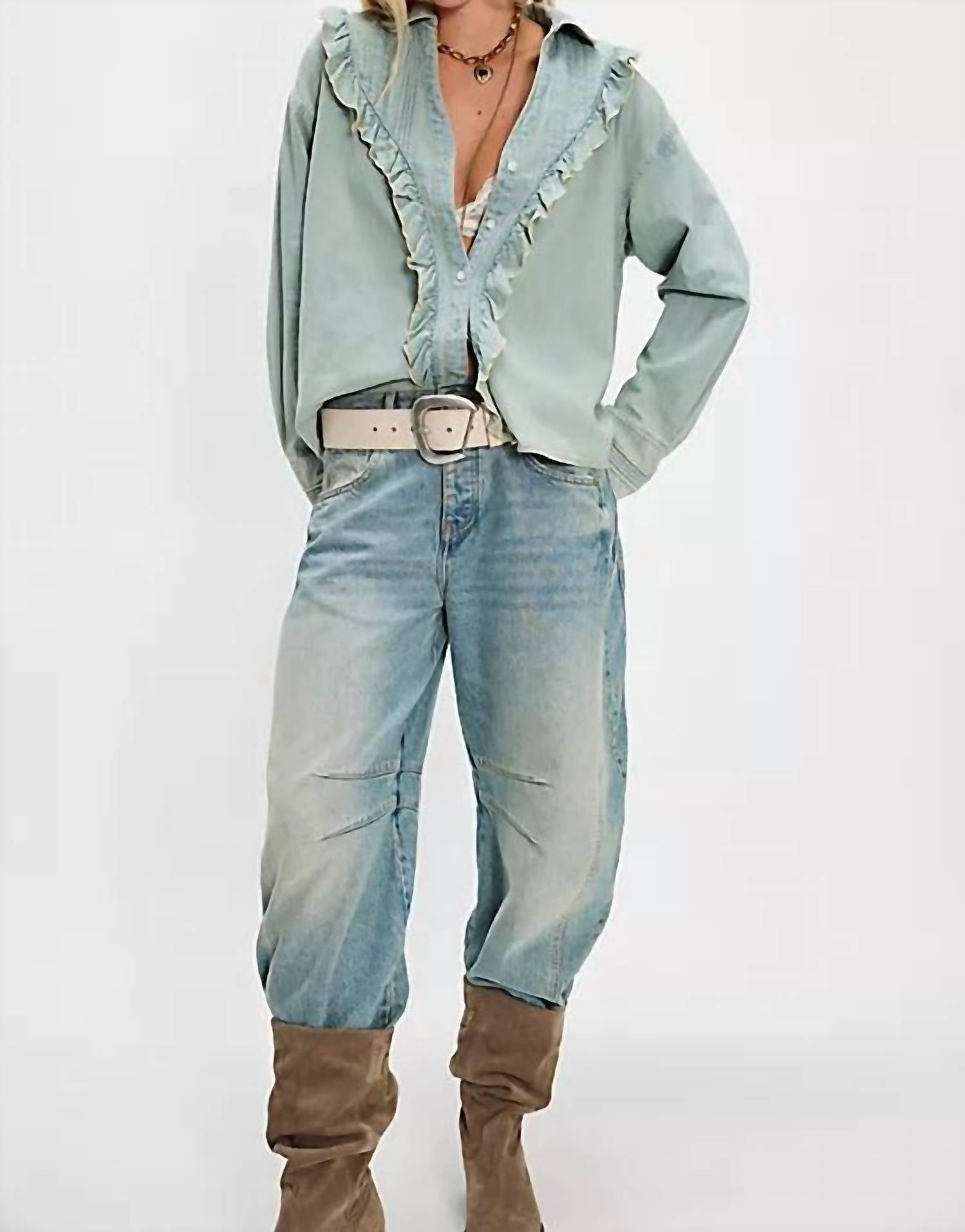 Free People Tattered And Ruffled Denim Top in vintage tint wash - women's blouse