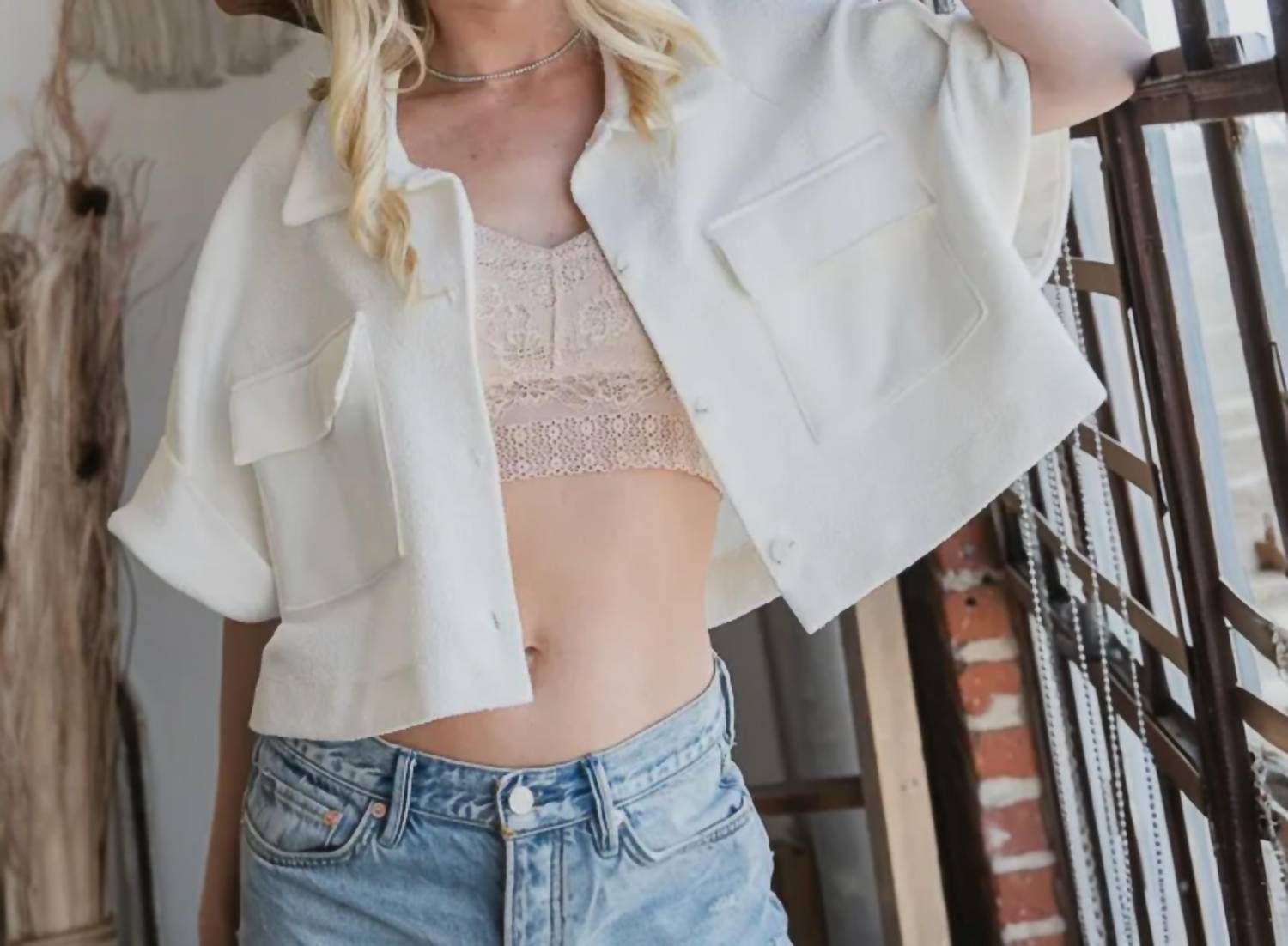 BUCKETLIST Textured Cropped Shacket in off white - women's shirt - view 4