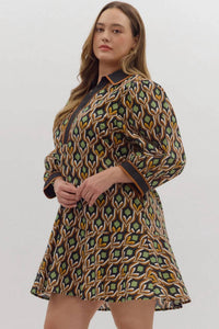 Entro - Geometric Print Long Puff Sleeve Mini Dress - Plus