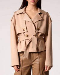 BLUE REVIVAL Charli Cropped Scuba Trench Coat in camel - women's jacket