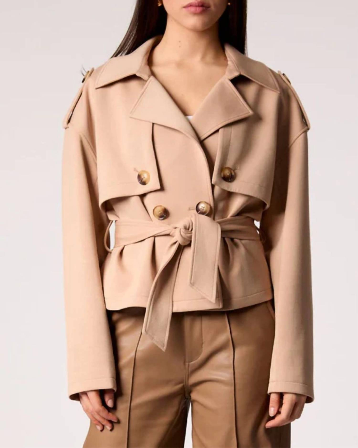 BLUE REVIVAL Charli Cropped Scuba Trench Coat in camel - women's jacket