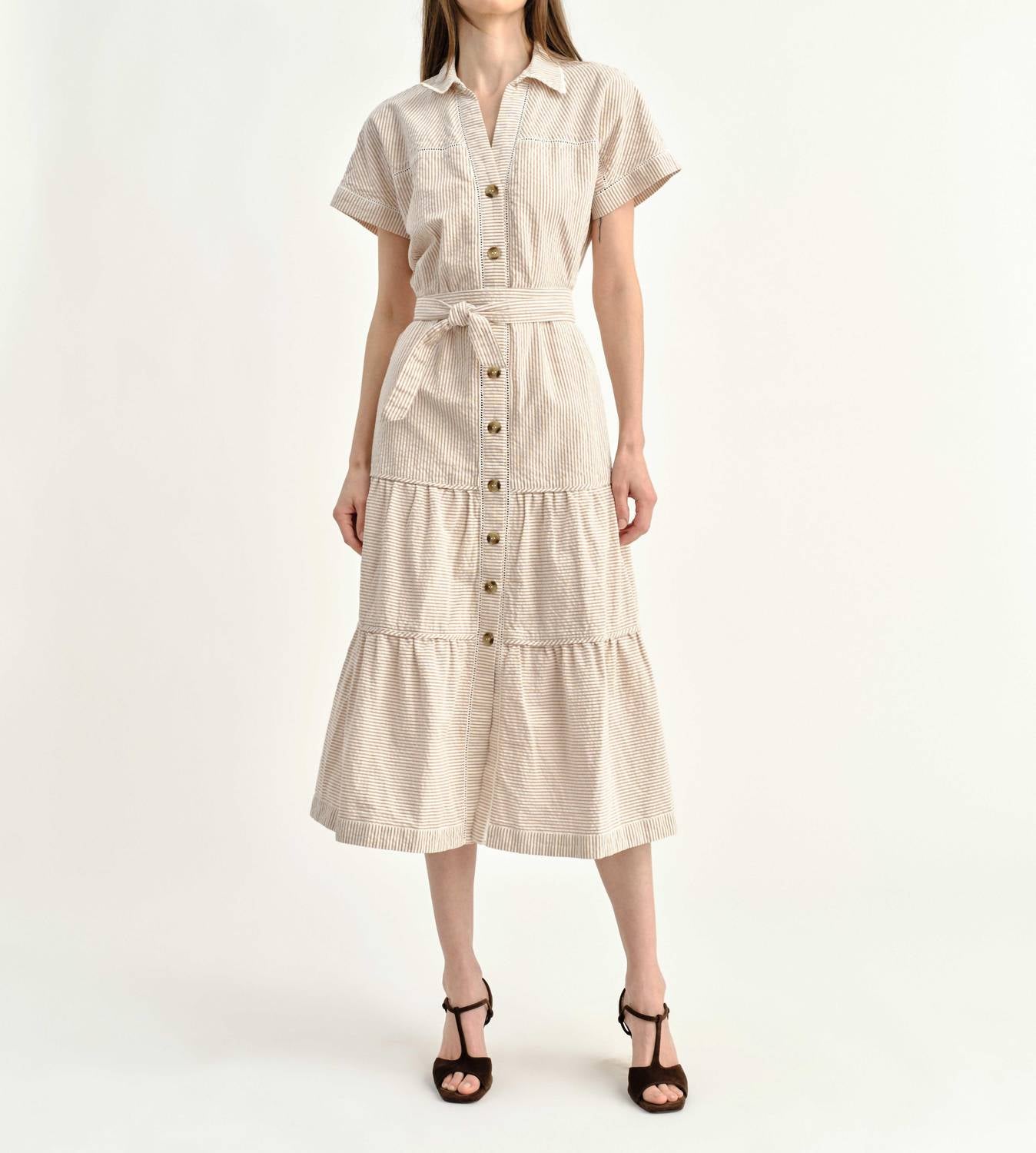 Cartolina Nantucket Adriana Shirt Dress in camel stripe - women's dress