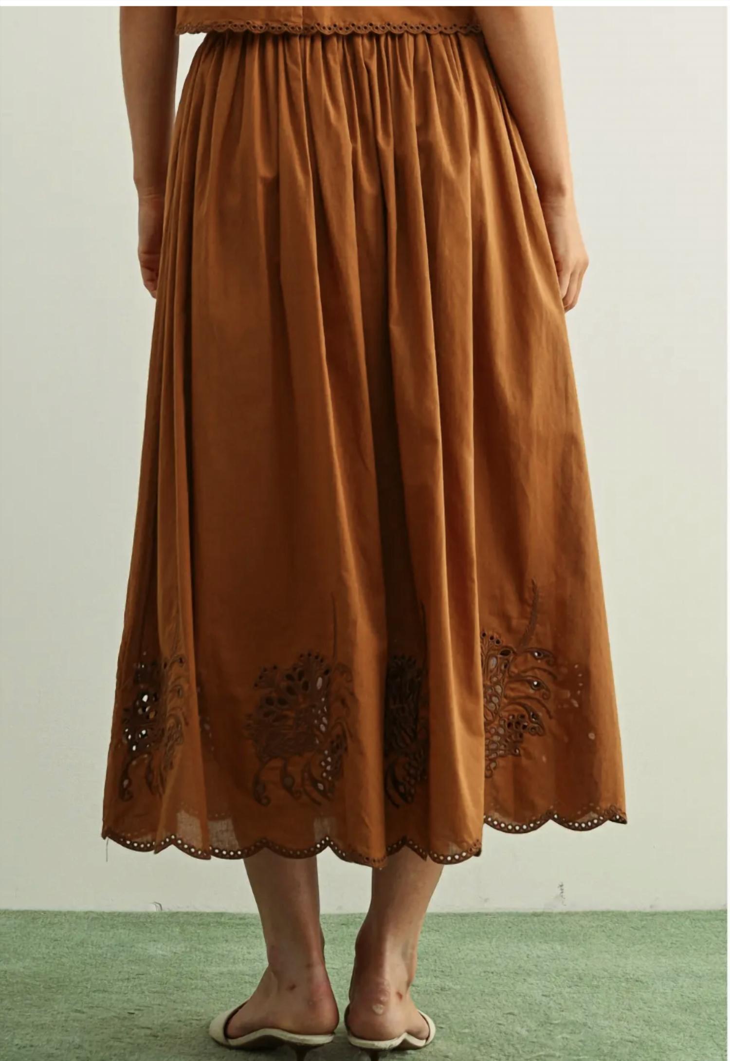 MIOU MUSE Embroidered Long Full Skirt in brown - women's skirt - detail view