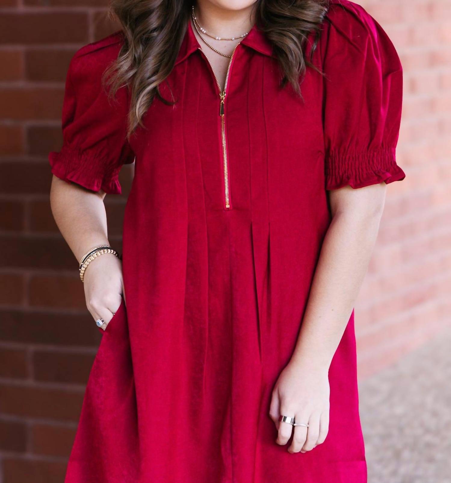 Jade Front Zip Darts Dress in red - women's dress - detail view