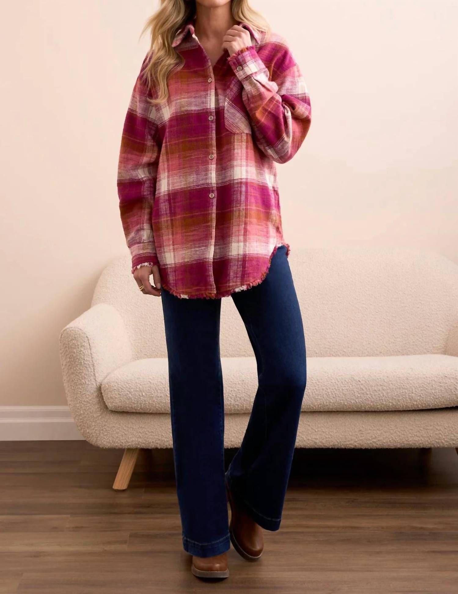 TRIBAL Oversized Flannel Fringed-Hem Shirt in plumwine - women's shirt - alternate view