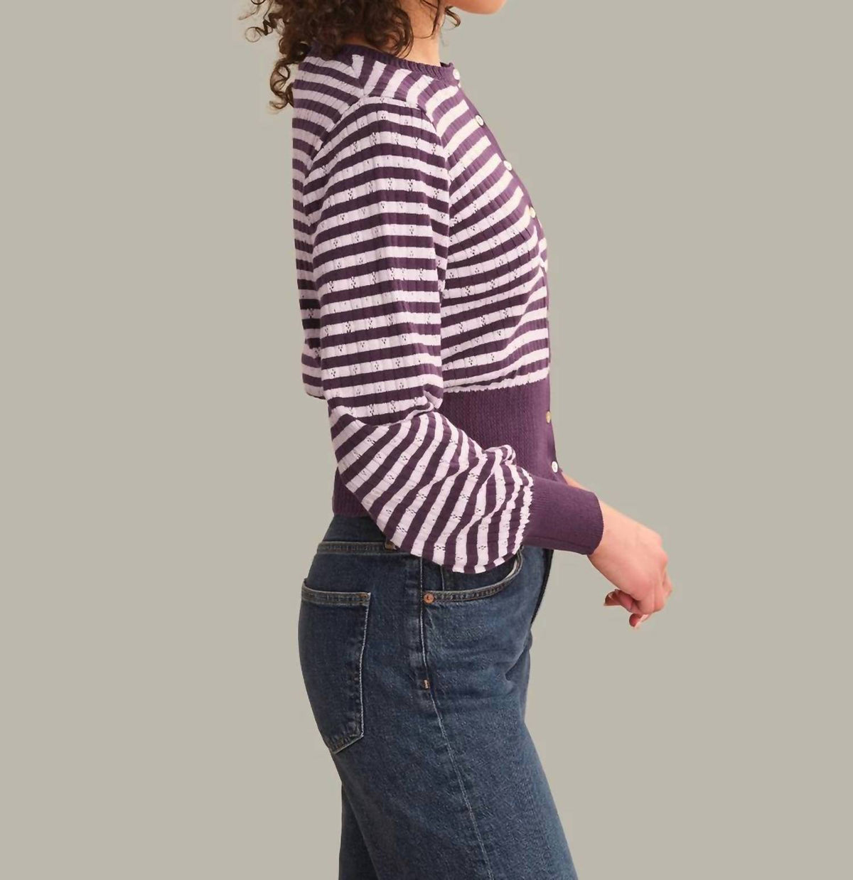 525 America - Beckett Striped Pointelle Blouson Sleeve High Rib Cardigan
