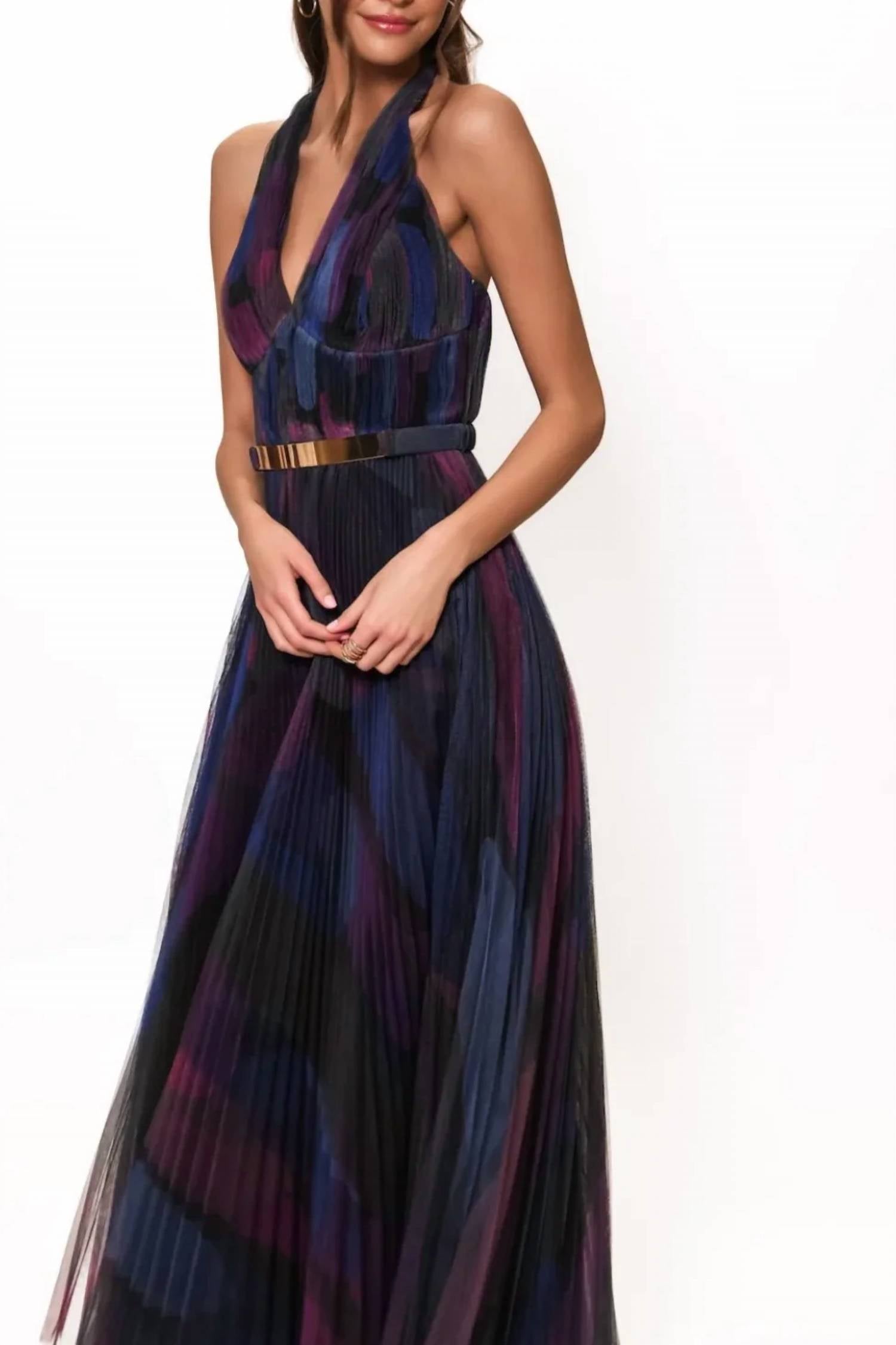 Hutch - Liona Pleated Tulle Halter Fitted Gown