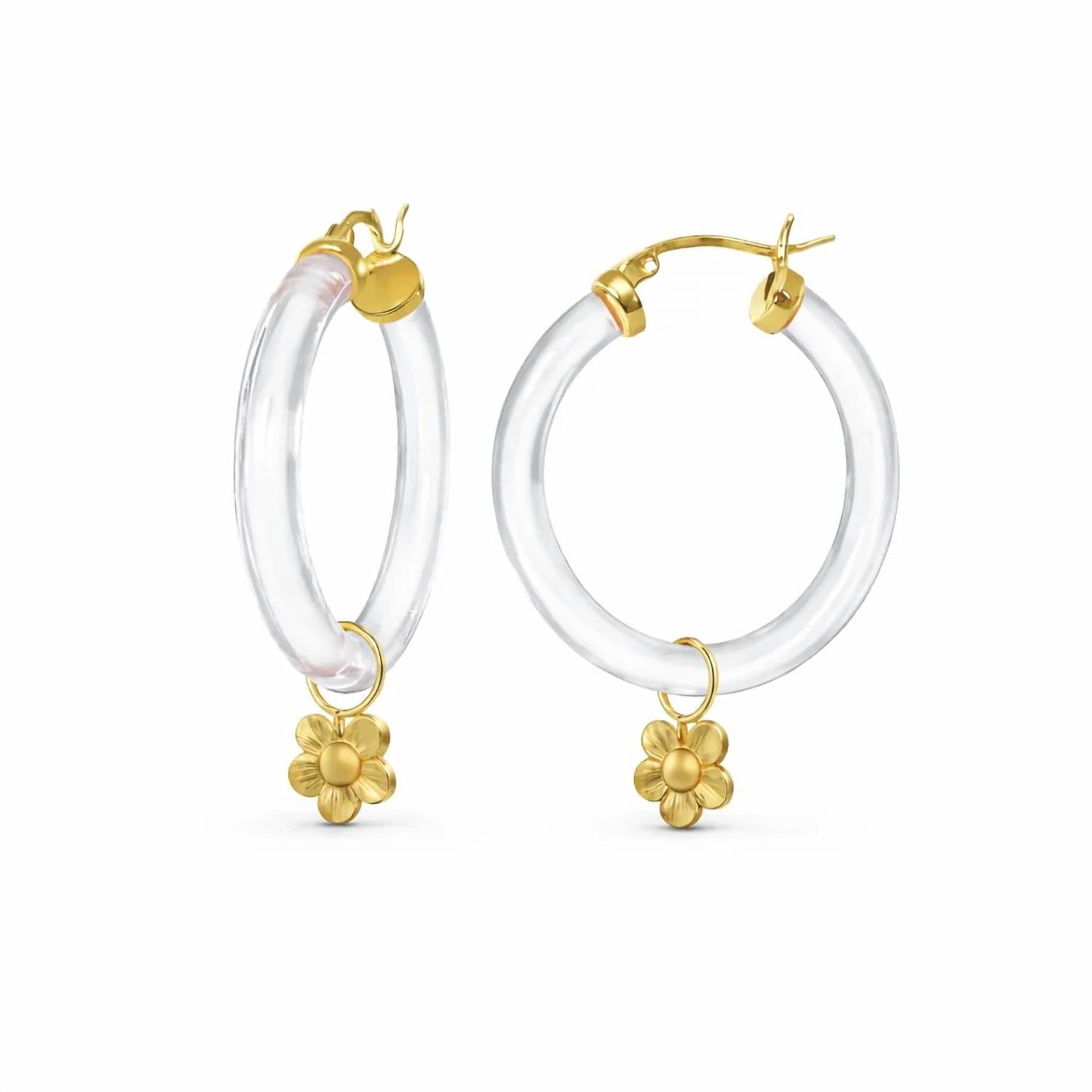 Gold & Honey - Women's Flower Charm Lucite Hoop Earrings