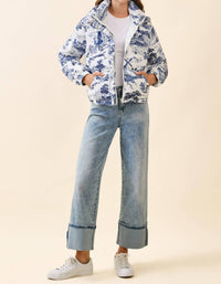 Tcec - Antique Print Zip Up Snap Button Puffer Jacket