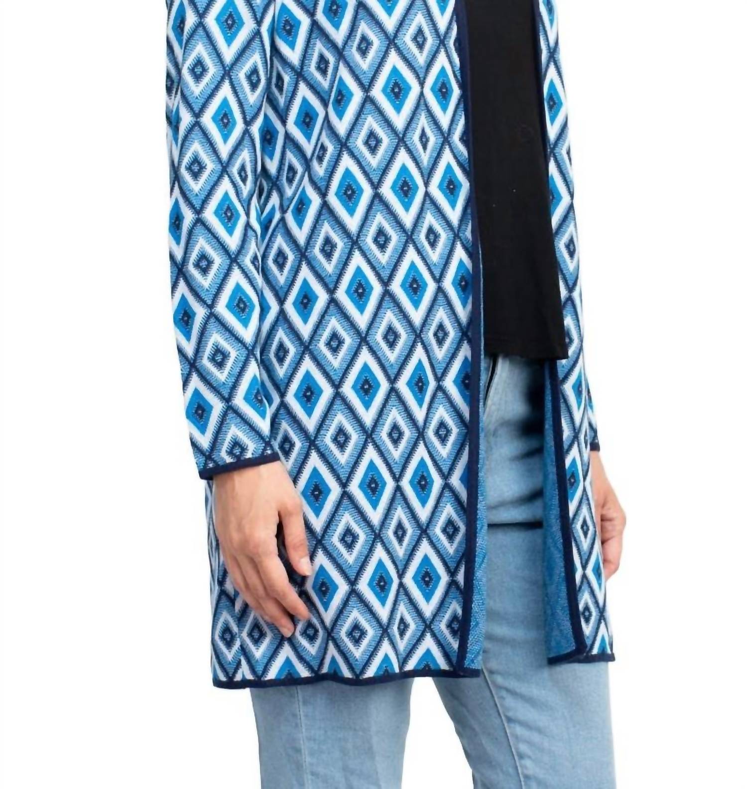 Kasper - Open Front Piping Detail Diamond Jacquard Cardigan