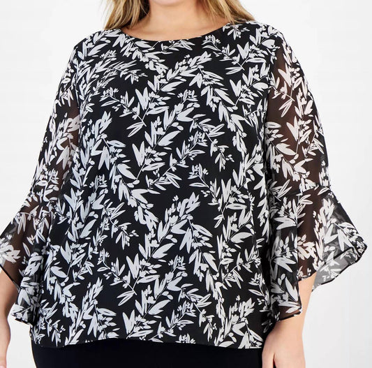 Kasper - Printed Crewneck Ruffle Sleeve Blouse - Plus