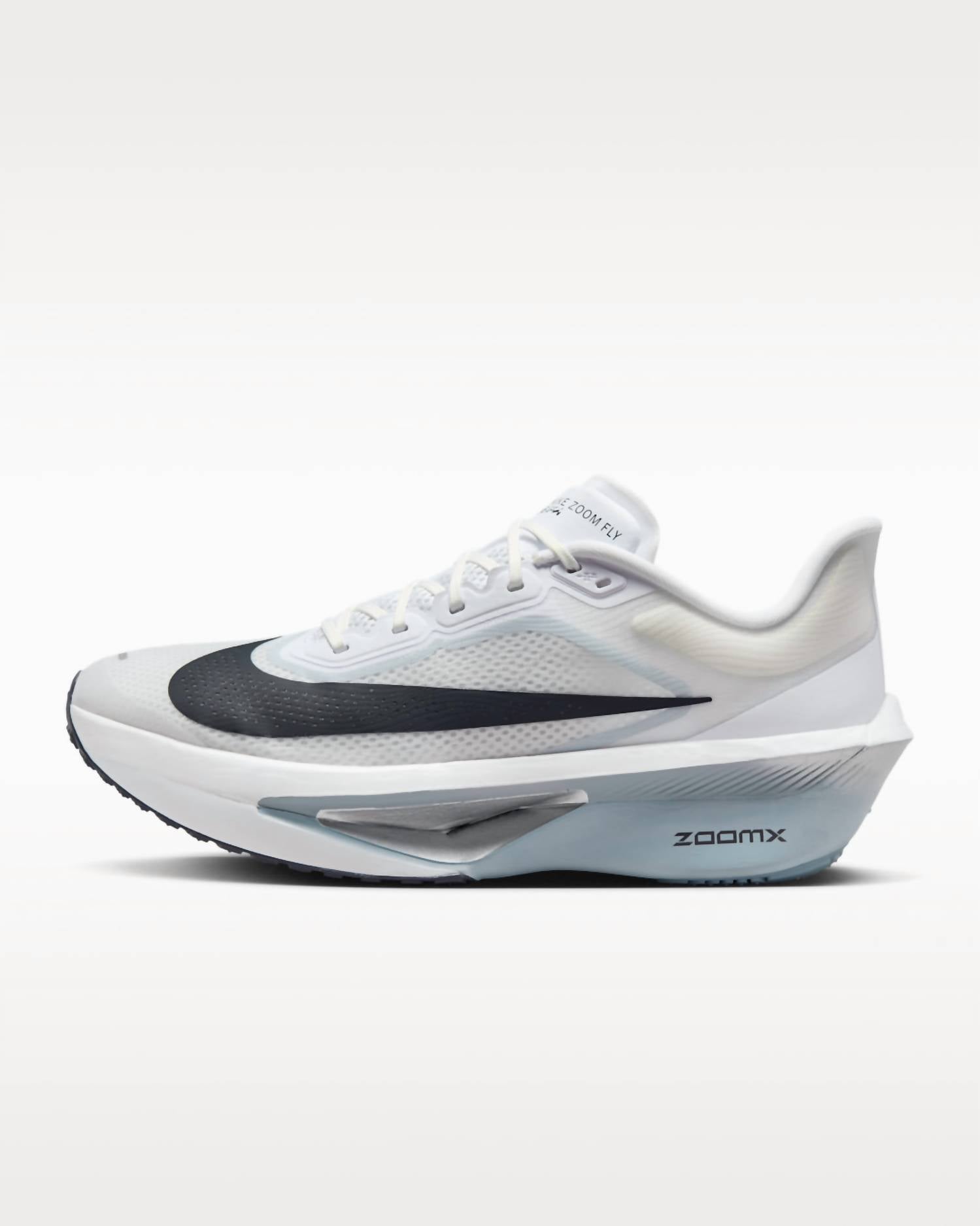 NIKE Men's Zoom Fly 6 Road Racing Shoes in white pure platinum obsidian mist gridiron - men's shoe - detail view