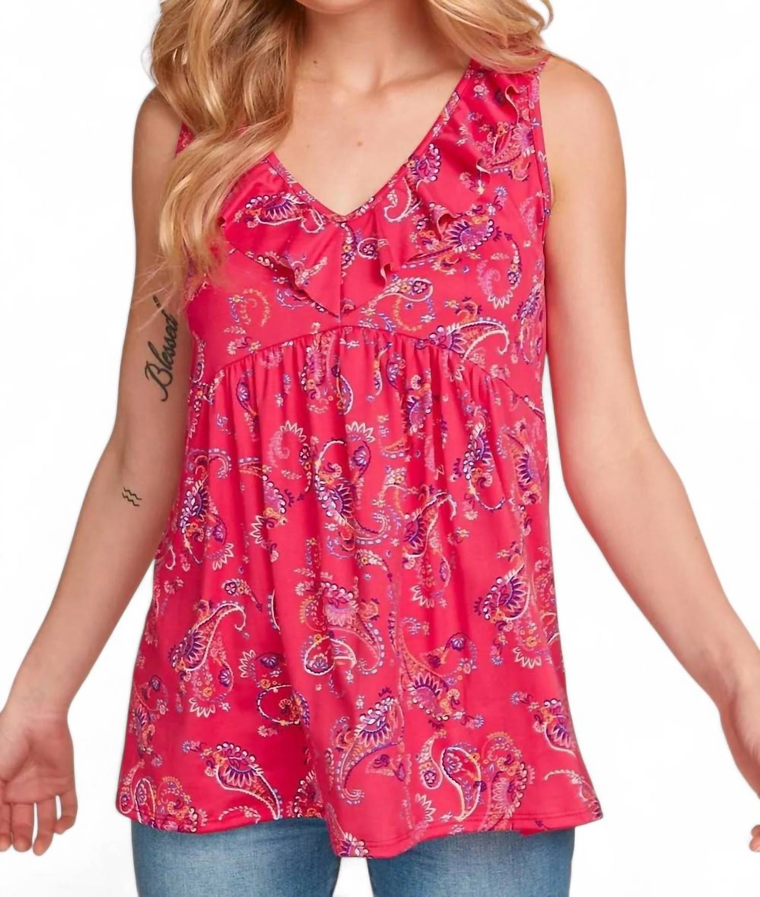Haptics - FLORAL PAISLEY VNECK RUFFLE BABYDOLL TANK TOP