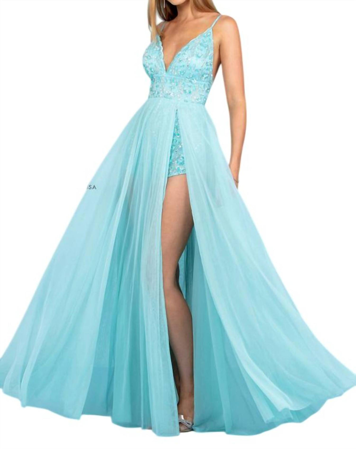 Scala - V-neck Floor-length Tulle Prom A-line Dress