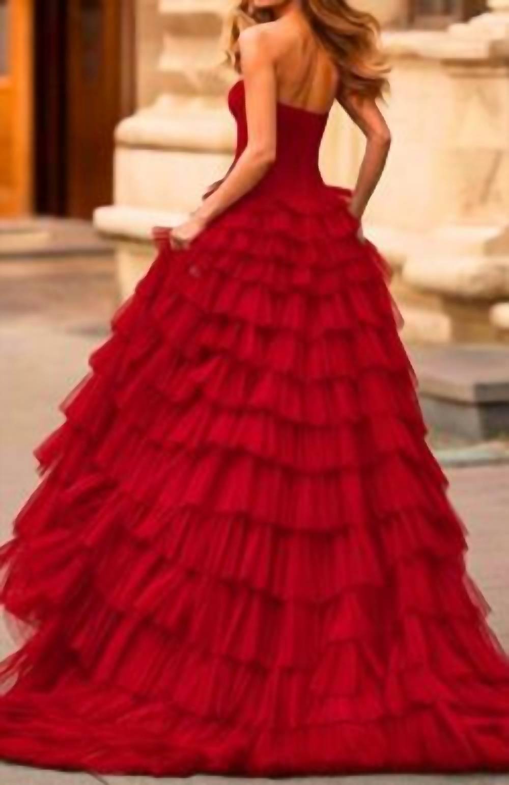 La Femme Corset Tulle Ball Gown in red - women's dress - detail view