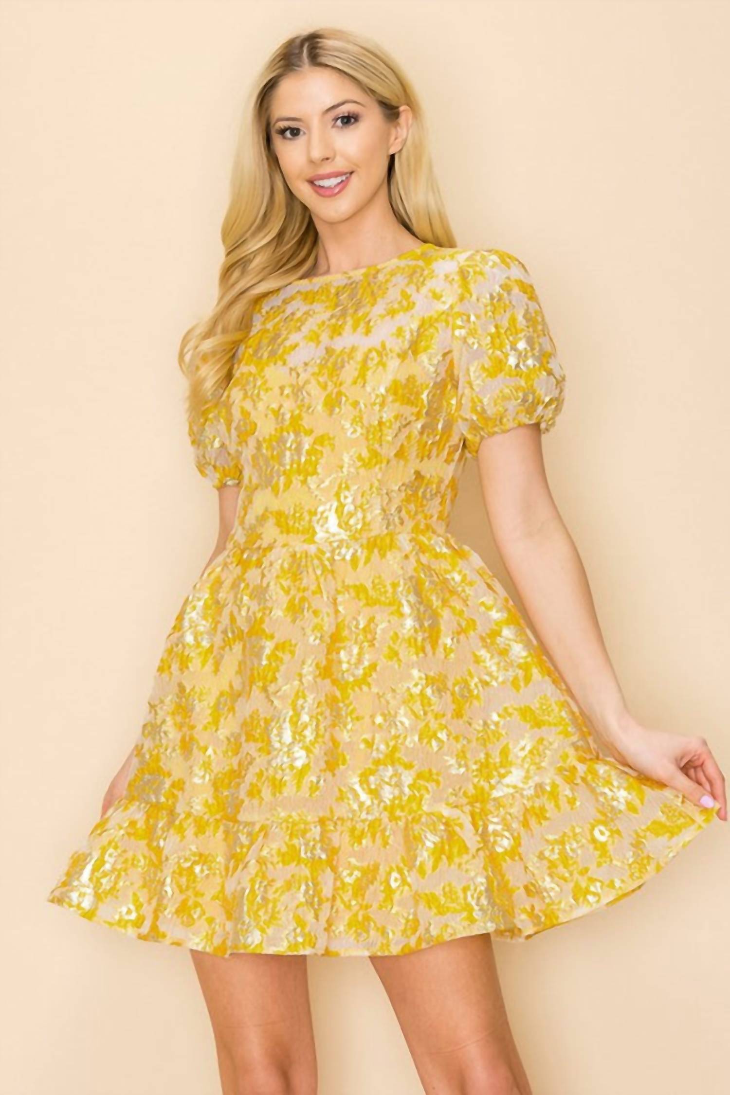 Ina Fashion - Jacquard Puff Sleeve Mini Dress