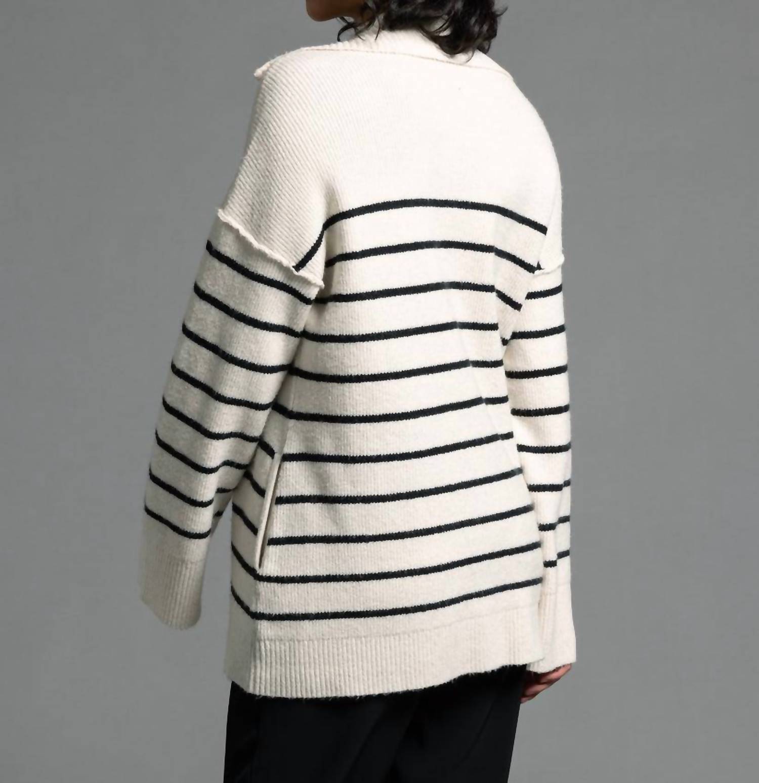 Weekend Los Angeles Coralie Zip Up Sweater in ivory black stripe - women's long sleeve top - alternate view