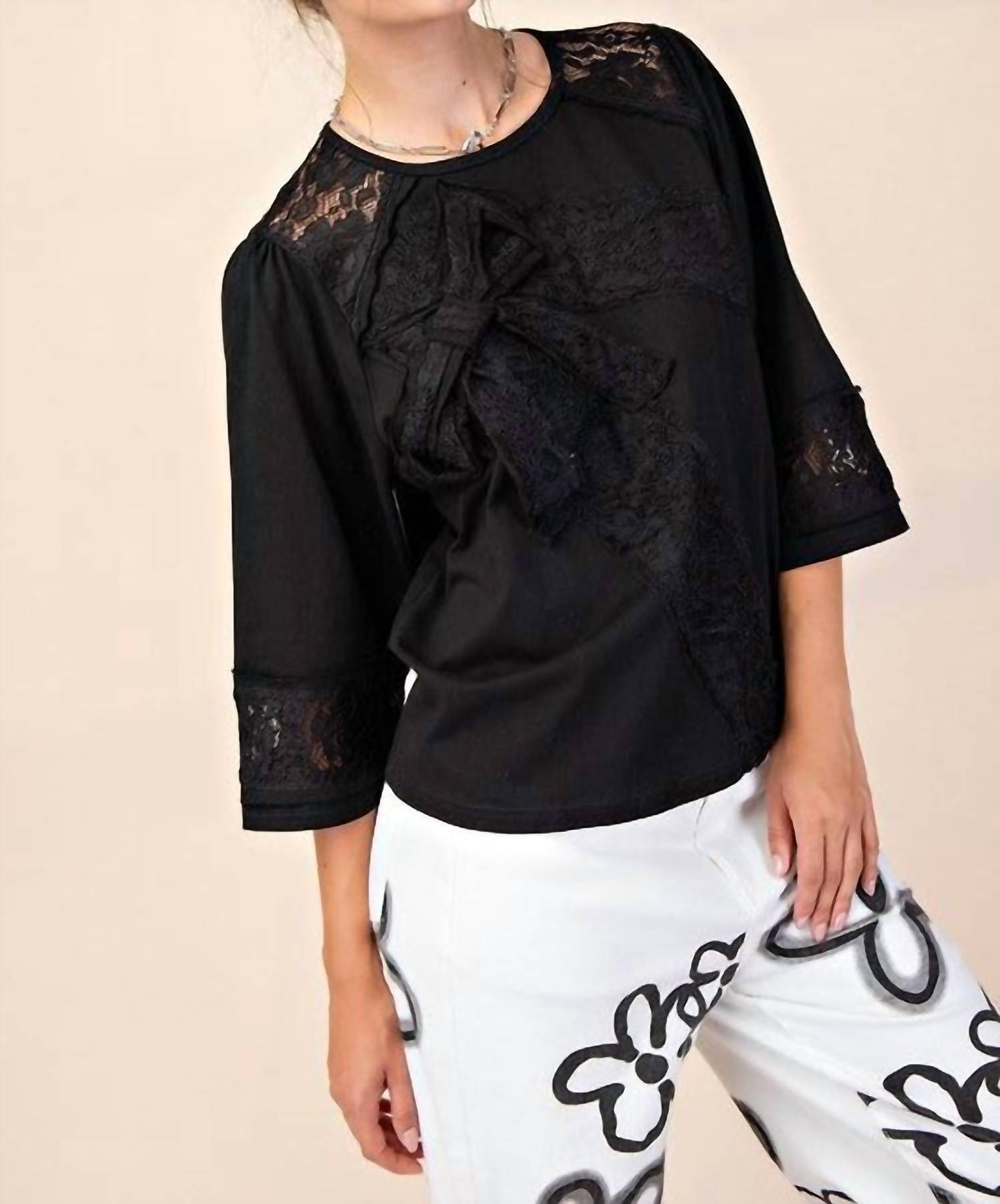 Easel - Let's Go Lace Bow Patch Cotton Jersey Top